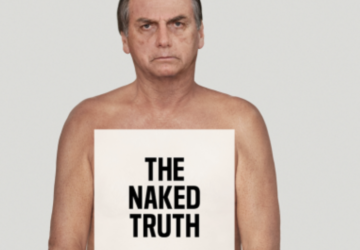 Montagem do presidente Bolsonaro nu segurando uma placa com os dizeres "A verdade nua" e dados das mores por Covid. liberdade de imprensa