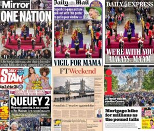 Jornais rainha Elizabeth rei Charles funerais Londres Reino Unido
