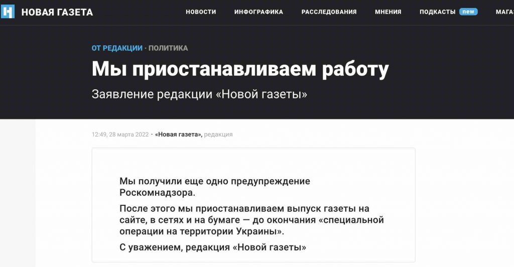 Novaya Gazeta jornal liberdade imprensa Nobel da Paz Rússia Putin censura 