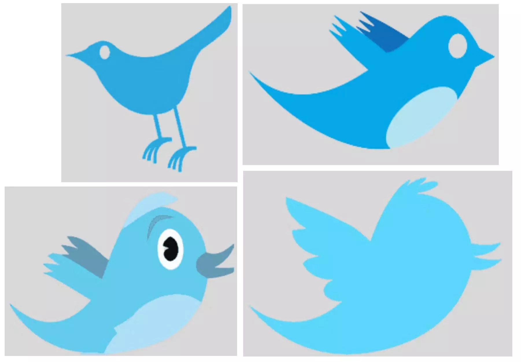 Diversas formas do pássaro azul foram usadas ao longo dos anos pelo Twitter como logomarca