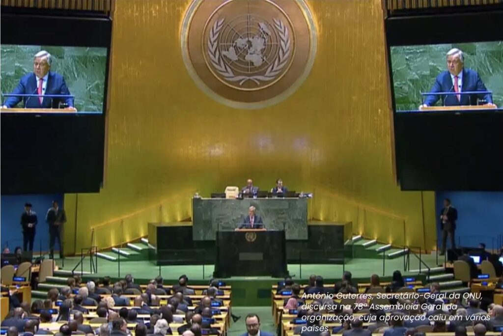 António Guterres, Secretárlo-Geral da ONU, discursa na 78ª Assembleia Geral da organização, cuja aprovação caiu em vários países