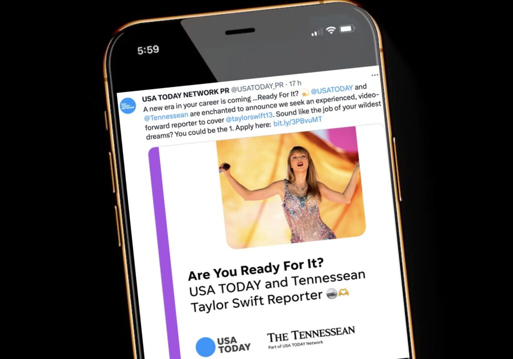 Anúncio de vaga para repórter especializado em cobrir a cantora Taylor Swift
