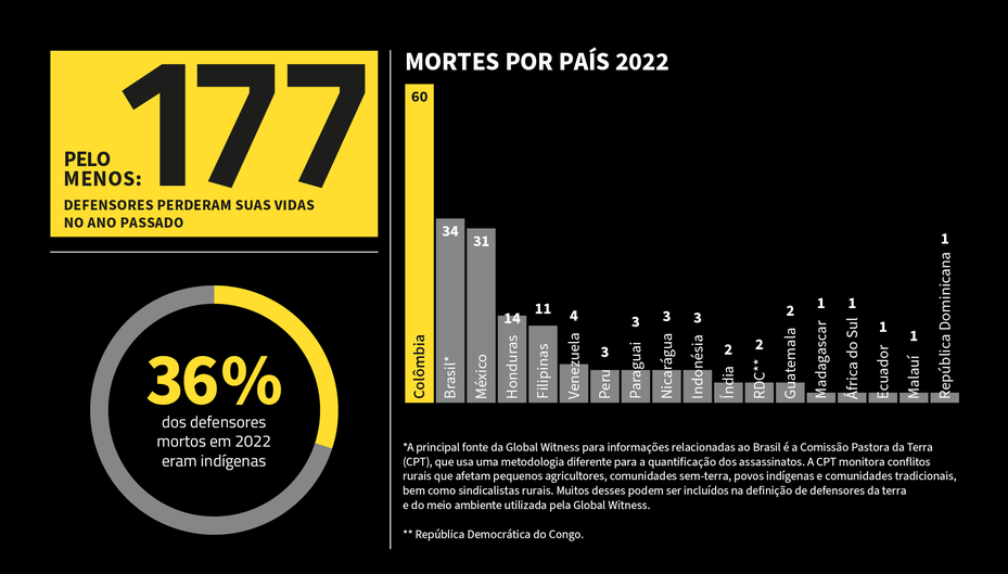 Gráfico mostra mortes de ambientalistas no Brasil e no mundo em 2022