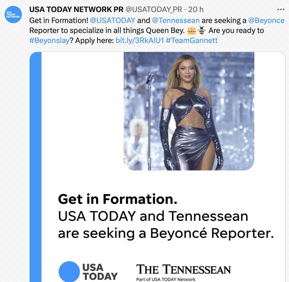 Anúncio vaga repórter para cobrir Beyoncé no grupo Gannett