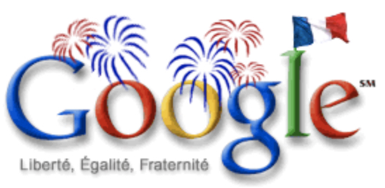 Primeiro Doodle internacional do Google comemorando o dia da queda da Bastilha na França 