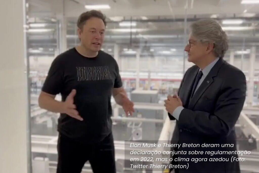 Elon Musk e Thierry Breton, comissário da União Europeia que deu ao empresário prazo para responder sobre conteúdo do Twitter a respeito do conflito Hamas x Israel