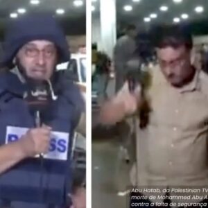 Repórter da TV Palestina tira equipamentos de proteção em protesto contra morte de colega em Gaza