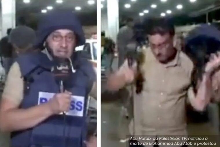 Repórter da TV Palestina tira equipamentos de proteção em protesto contra morte de colega em Gaza