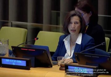 Melissa Fleming, da ONU, fala sobre riscos da IA para o trabalho da entidade no Conselho de Segurança, em Nova York