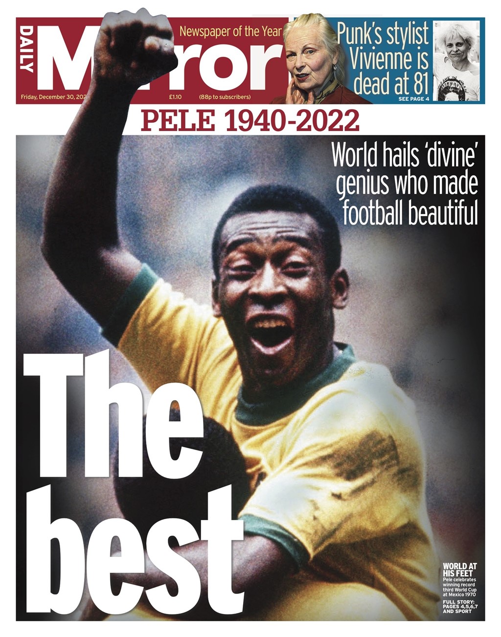 Morte Pelé Mirror jornal Inglaterra