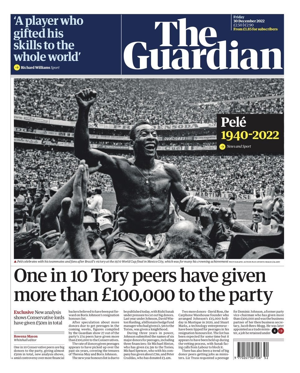 Morte Pelé jornal Inglaterra The Guardian