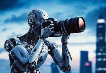 Robô com máquina fotográfica, representando o impacto da inteligência artificial no jornalismo