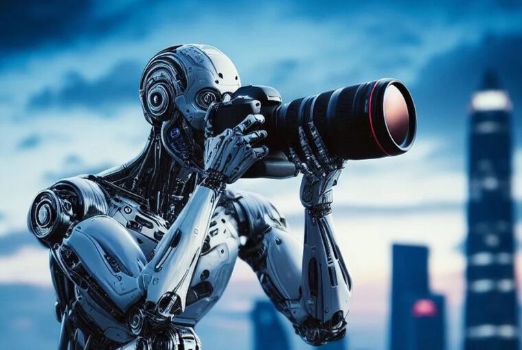 Robô com máquina fotográfica, representando o impacto da inteligência artificial no jornalismo