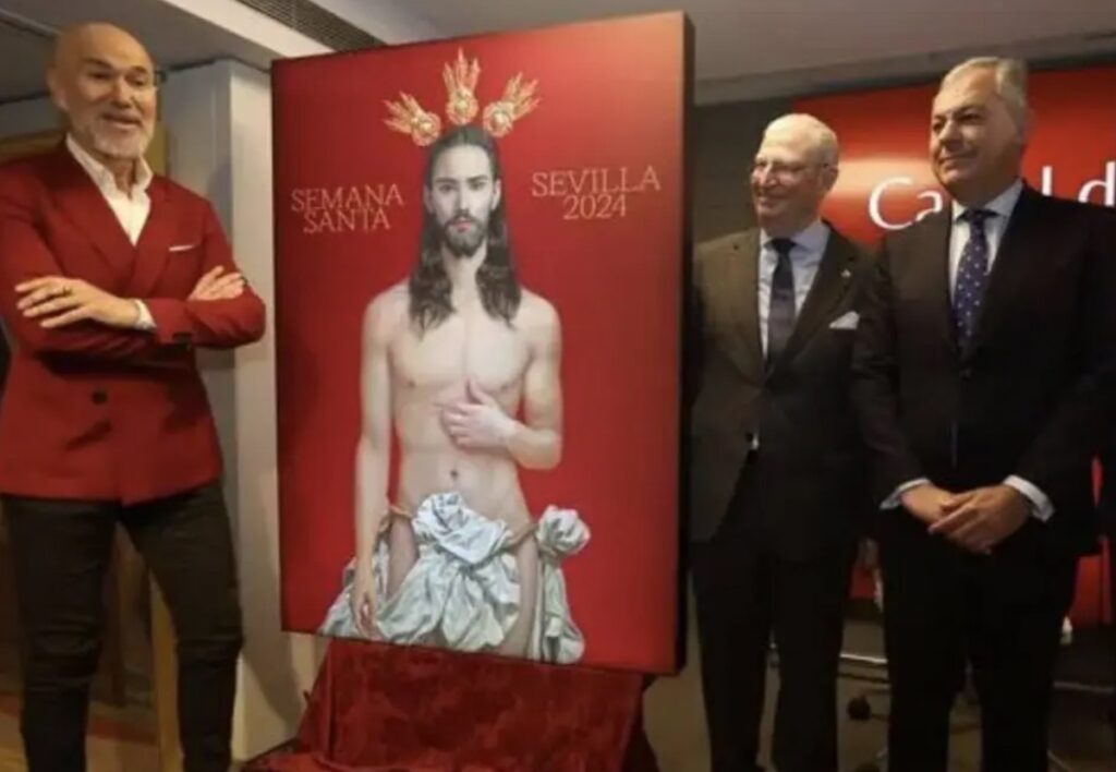 Apresentação do cartaz com imagem de Jesus em campanha da Páscoa em Sevilha, Espanha