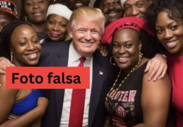 Foto falsa manipulada com IA mostrando Donald Trump com mulheres negras