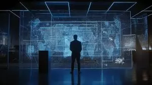 Imagem de homem olhando mapa mundi feita com inteligência artificial, que na visão dos líderes da OpenAI deve ser regulamentada globalmente