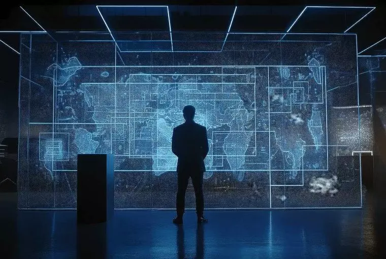 Imagem de homem olhando mapa mundi feita com inteligência artificial, que na visão dos líderes da OpenAI deve ser regulamentada globalmente