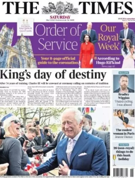 Capa jornal coroação rei Charles III The Times