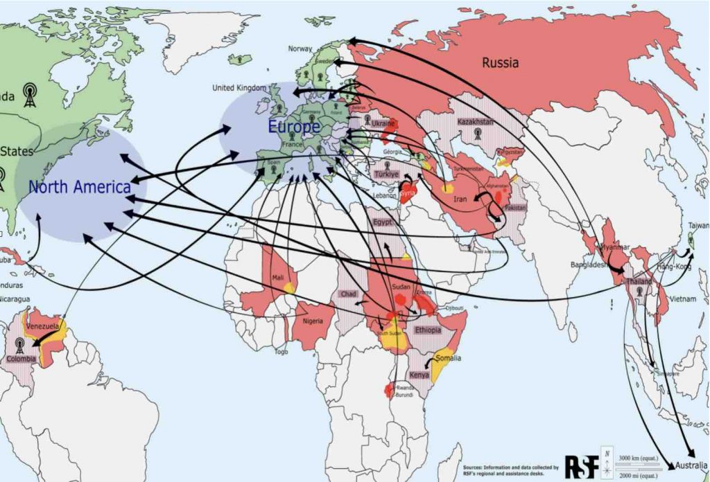 Fluxo de jornalistas exilados Repórteres Sem Fronteiras Europa e América do Norte mais recebem Rússia, Mianmar, Afeganistão mais perseguem