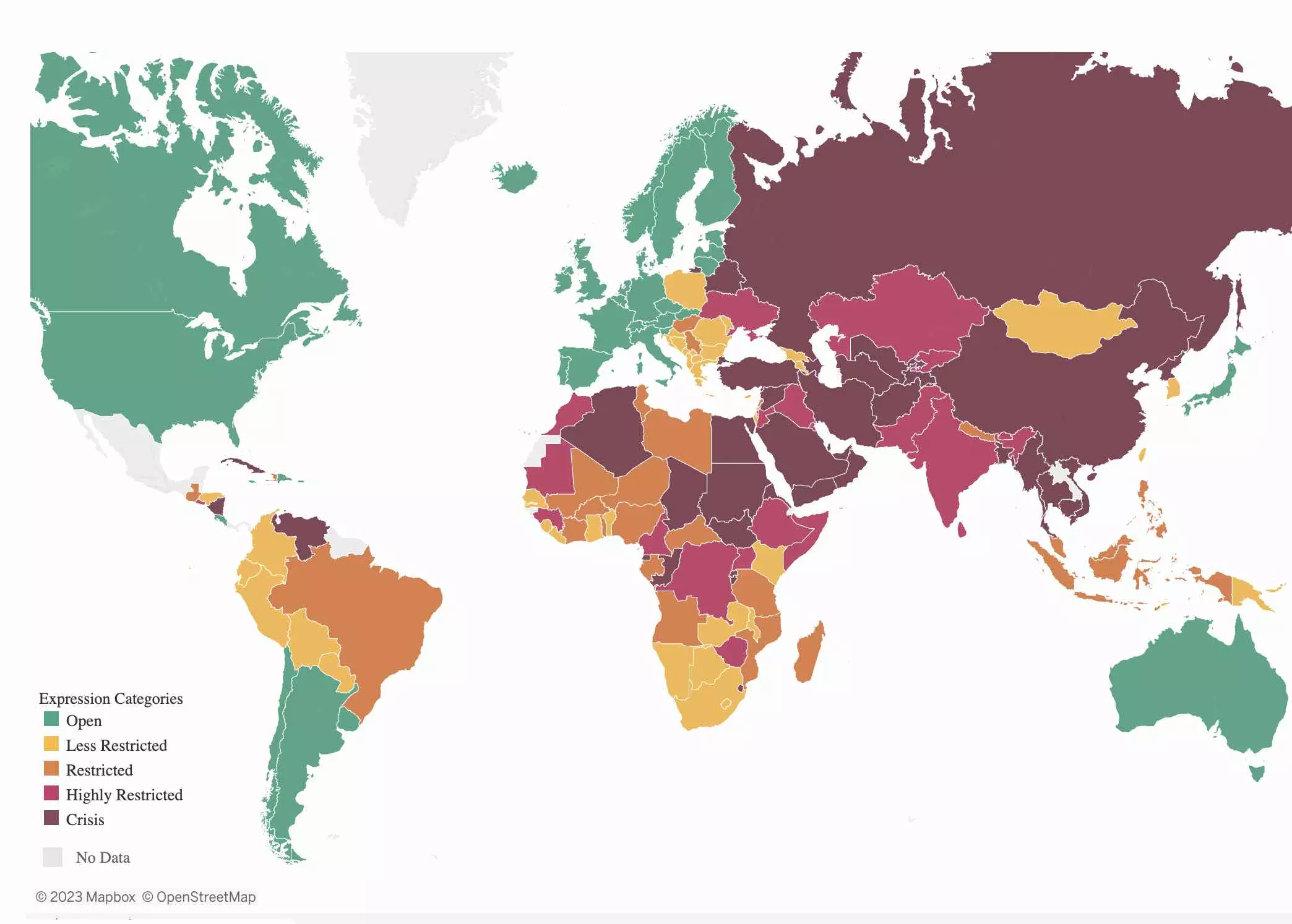 Mapa mundi mostra estado da liberdade de expressão no Brasil e demais países, segundo a ONG Article 19 