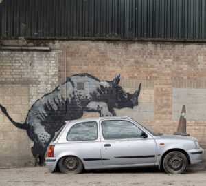 Mural de Banksky em Londres rinoceronte