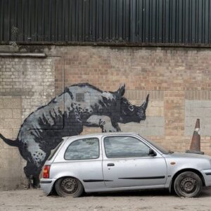 Mural de Banksky em Londres rinoceronte