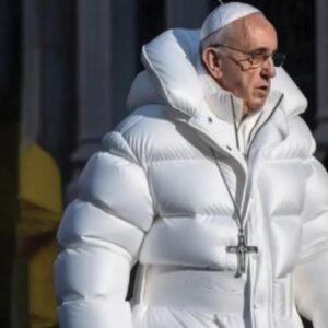 Imagem deepfake do Papa Francisco vestindo um casaco puffer branco