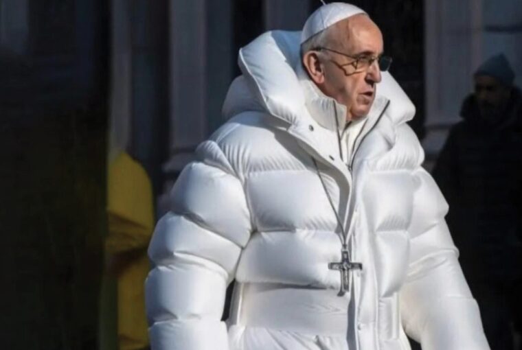 Imagem deepfake do Papa Francisco vestindo um casaco puffer branco