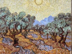 Foto do quadro Olive Trees, pintado por Vincent Van Gogh em 1889, apresentado na exposição Poets & Lovers da National Gallery London