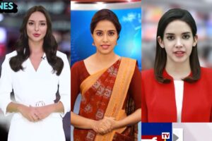 Sana, do canal Aaj Tak (esq.), Lisa, da Odisha TV (centro), e Soundarya, da Power TV (dir.)