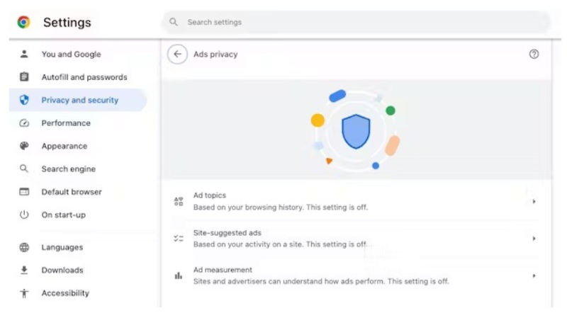 Captura de tela do Google Chrome mostrando como os usuários podem ativar e desativar privacidade de anúncios, após lançamento do Google Privacy Sandbox