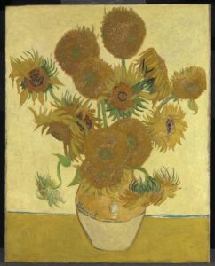 Foto do quadro Sunflowers, pintado por Vincent Van Gogh em 1888, apresentado na exposição Poets and Lovers da National Gallery London