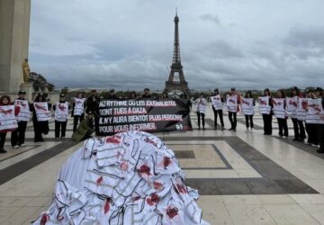 Manifestação da RSF em Paris por jornalistas mortos em Gaza