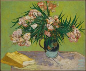 Foto do quadro Oleanders, pintado por Vincent Van Gogh em 1888, apresentado na exposição Poets and Lovers da National Gallery London