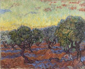 Foto do quadro Olive Grove, pintado por Vincent Van Gogh em 1889, apresentado na exposição Poets and Lovers da National Gallery London