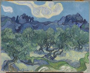 Foto do quadro Olive trees with the Alpilles in the Background, pintado por Vincent Van Gogh em 1889, apresentado na exposição Poets and Lovers da National Gallery London