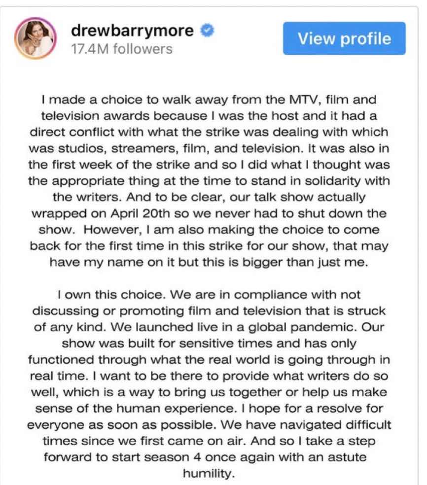Post no Instagram da atriz Drew Barrymore explicando por que retomará programa apesar da greve de Hollywood 