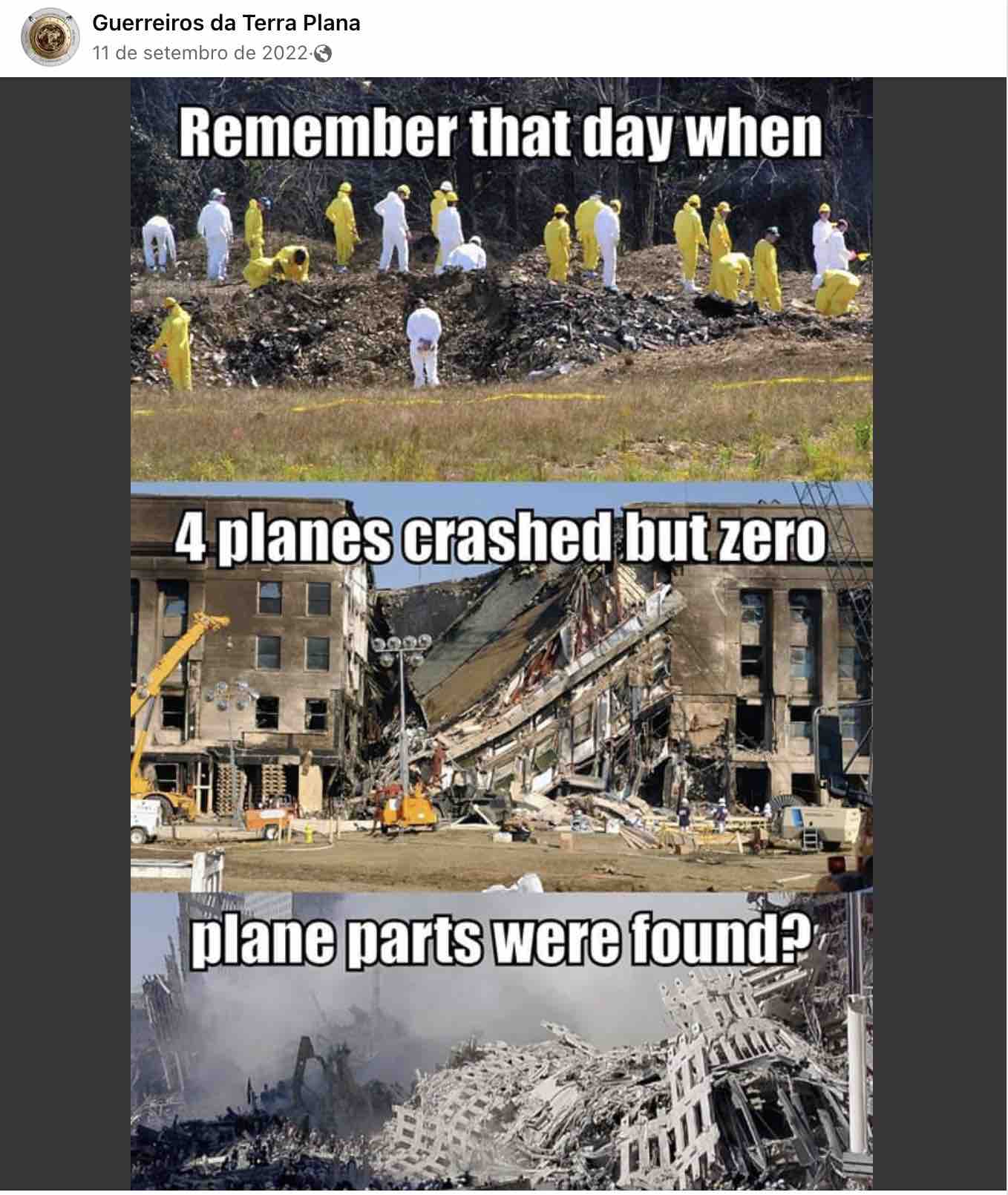 Post no Facebook com teoria conspiratória sobre o atentado às Torres Gêmeas em Nova York em 11/9 de 2001. 