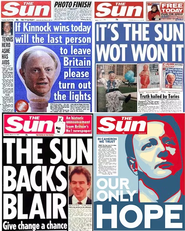 Primeiras páginas do The Sun, de Rupert Murdoch, apoiando – e zombando – de diferentes líderes políticos