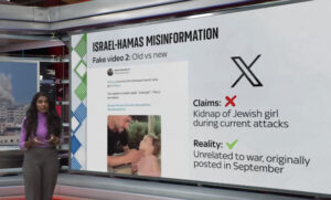Apresentadora de serviço de fact-checking da Sky News explicando um vídeo falso sobre a guerra Hamas - Israel