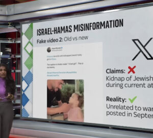 Apresentadora de serviço de fact-checking da Sky News explicando um vídeo falso sobre a guerra Hamas - Israel