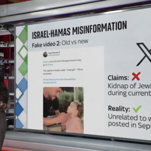 Apresentadora de serviço de fact-checking da Sky News explicando um vídeo falso sobre a guerra Hamas - Israel