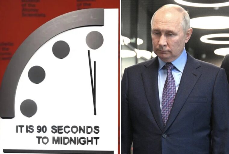 Vladimir Putin e o Relógio do Apocalipse, que avançou devido ao risco de guerra nuclear iniciada pela Rússia