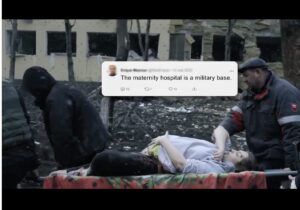 Mulher sendo atendida após bombardeio de maternidade pela Rússia na Ucrânia e post com desinformação sobre o ataque