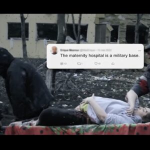 Mulher sendo atendida após bombardeio de maternidade pela Rússia na Ucrânia e post com desinformação sobre o ataque