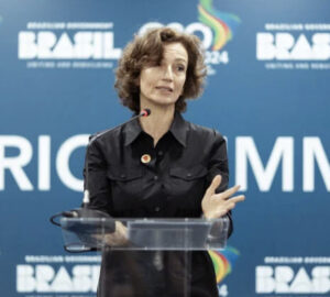 Audrey Azoulay, secretária-geral da Unesco, no lançamento de iniciativa contra desinformação climática em conjunto com Brasil durante o G20