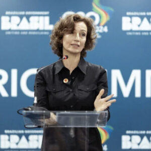 Audrey Azoulay, secretária-geral da Unesco, no lançamento de iniciativa contra desinformação climática em conjunto com Brasil durante o G20