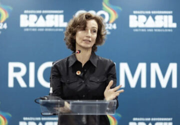 Audrey Azoulay, secretária-geral da Unesco, no lançamento de iniciativa contra desinformação climática em conjunto com Brasil durante o G20