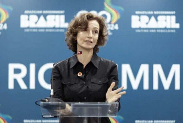 Audrey Azoulay, secretária-geral da Unesco, no lançamento de iniciativa contra desinformação climática em conjunto com Brasil durante o G20