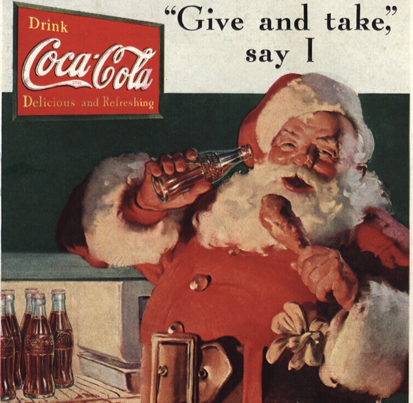Foto antiga de anúncio com Papai Noel da Coca-Cola 